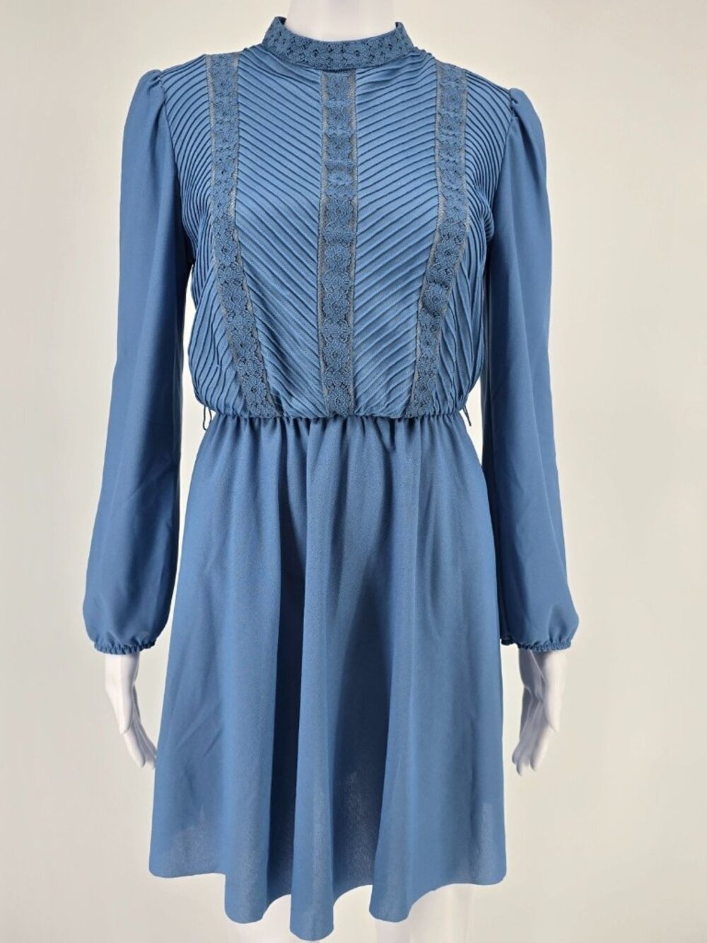 Vintage 1980s JCPenney Blue Pleated High Neck Prairie Revival Mini Dress (S)